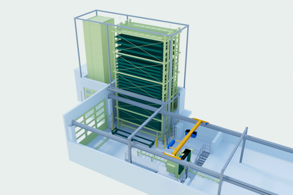 3D Ansicht des geplanten vollautomatisierten Lagersystems in der Werkstatt Schmidmeier NaturEnergie GmbH