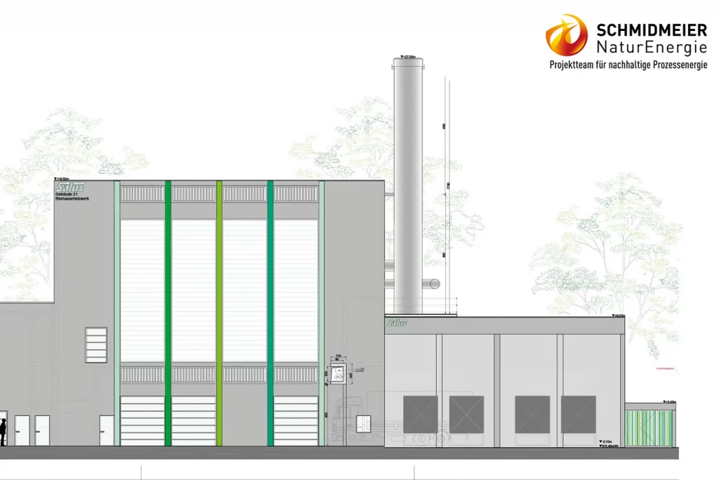 gezeichneter Bauplan der Biomasseanlage Salus von außen