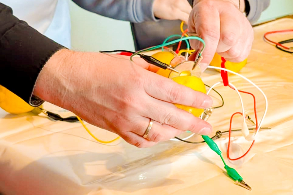 Eine Person hat eine Zitrone in der Hand. In der Zitrone steckt eine Münze mit Kabel, die sich an die Münze anheften.