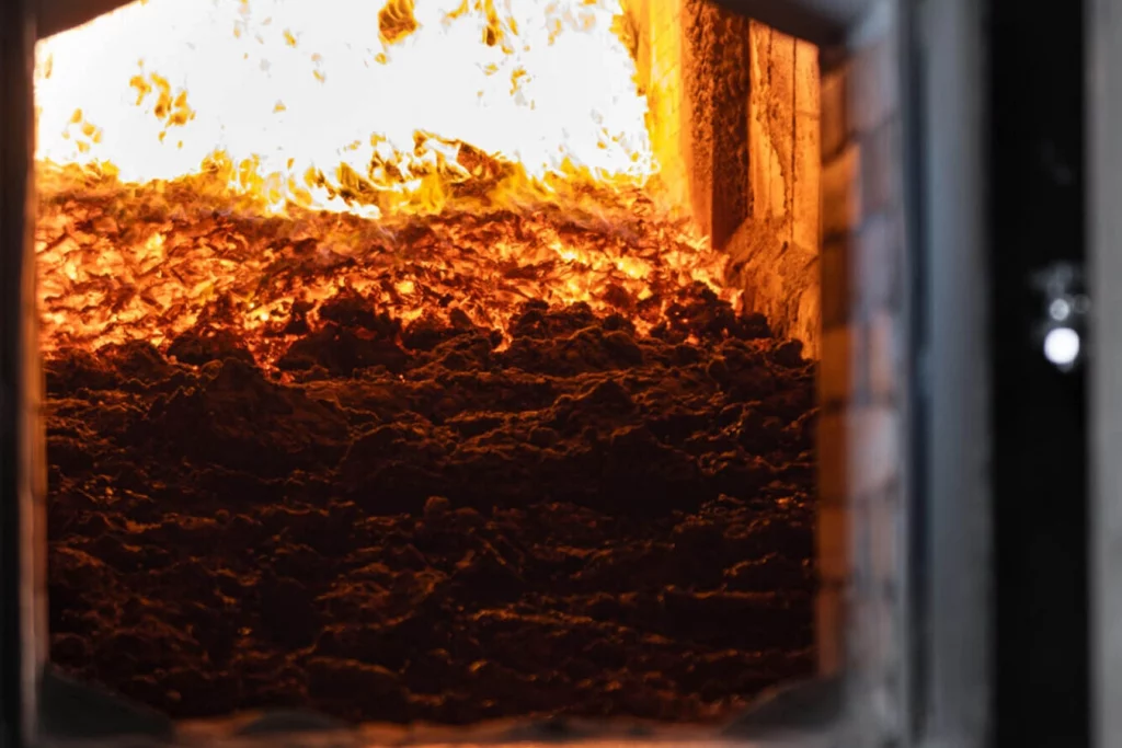 Feuer brennt in einer Biomasseanlage