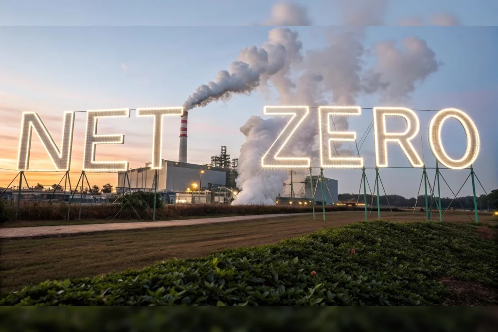 Großer LED-Schriftzug mit "NET ZERO" für den NET-Zero Industry Act