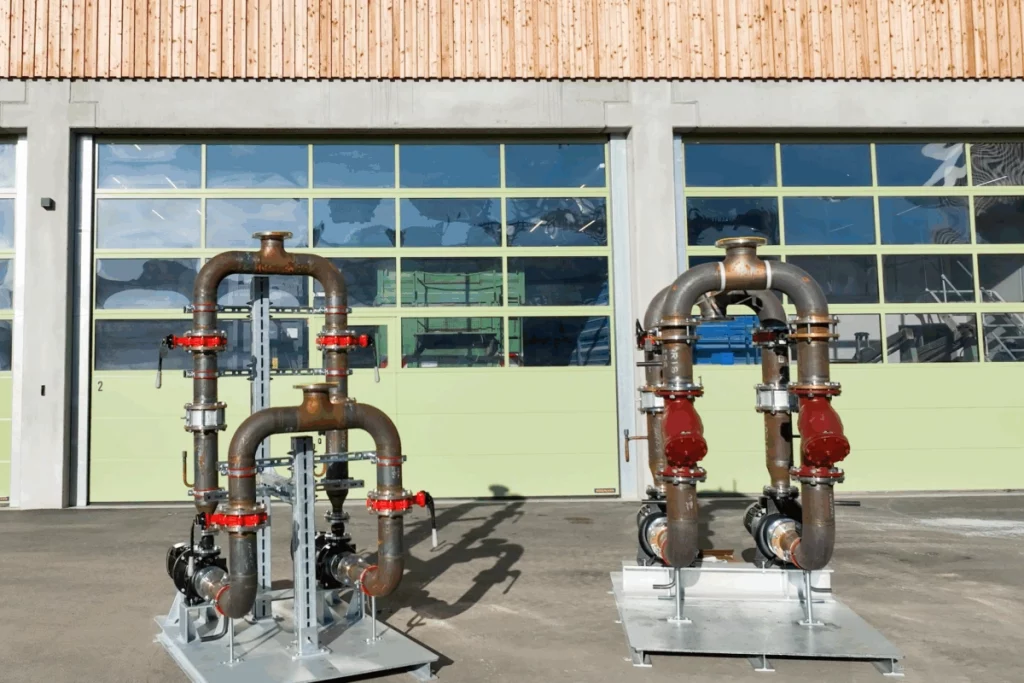 zwei pumpstationen stehen vor der Werkstatt des Firmengeländes von Schmidmeier NaturEnergie GmbH. Die Werkstatt hat große grüne Garagentore mit mehrfachen kleinen Scheiben.