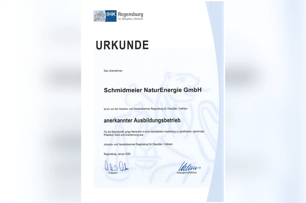 Urkunde für Schmidmeier NaturEnergie: anerkannter Ausbildungsbetrieb