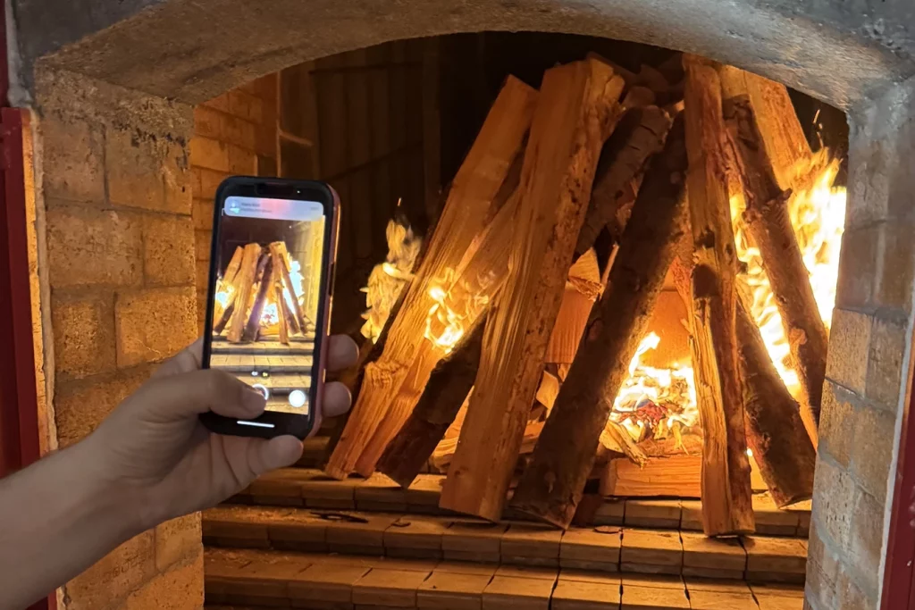 Brennendes Holz im Feuerraum einer Biomasseanlage.