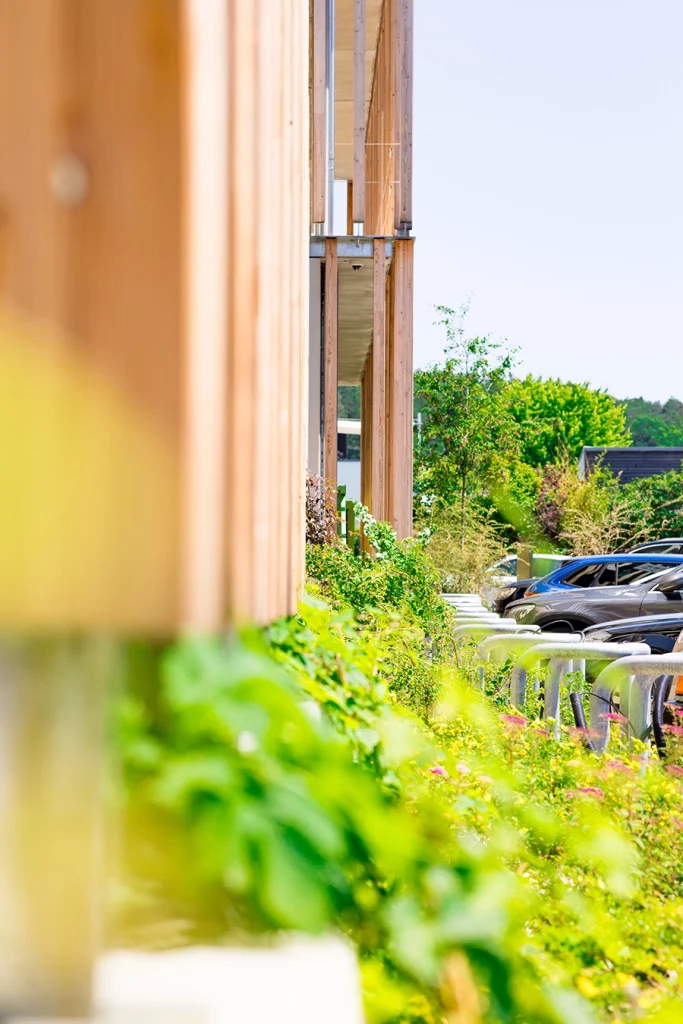 Blumen entlang der hölzernen Außenfassade des Verwaltungsgebäudes der Schmidmeier Natur Energie. Rechts schließen die Parkplätze mit Autos an.