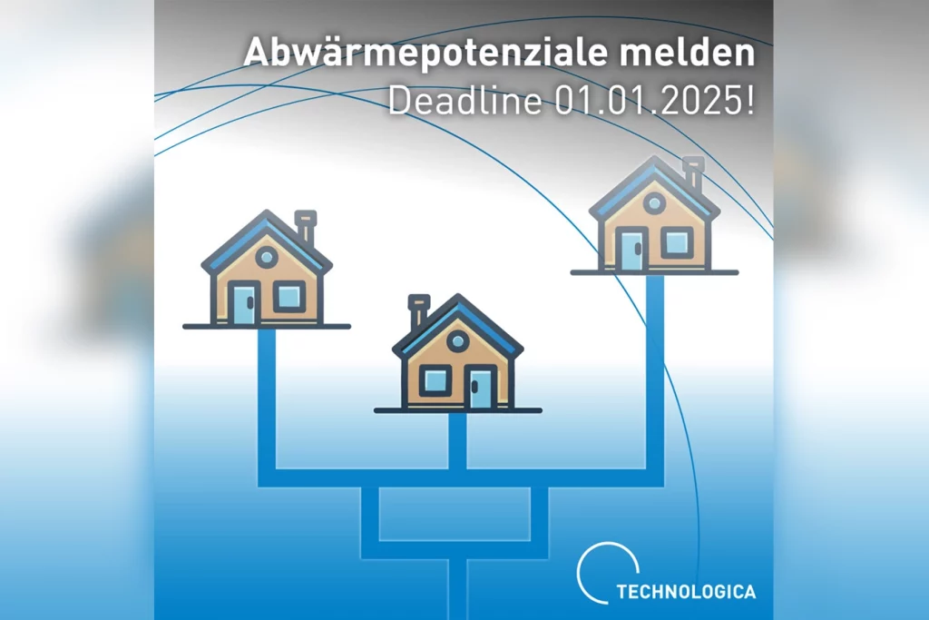 Abbildung für Wärmepotenziale. Diese müssen bis 01.01.2025 gemeldet werden. Man sieht eine Zeichnung von drei Häusern, die durch blaue Linien miteinander verbunden sind.