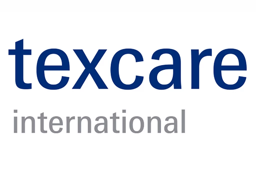 Logo der Fachmesse texcare international in blauer und grauer Schrift