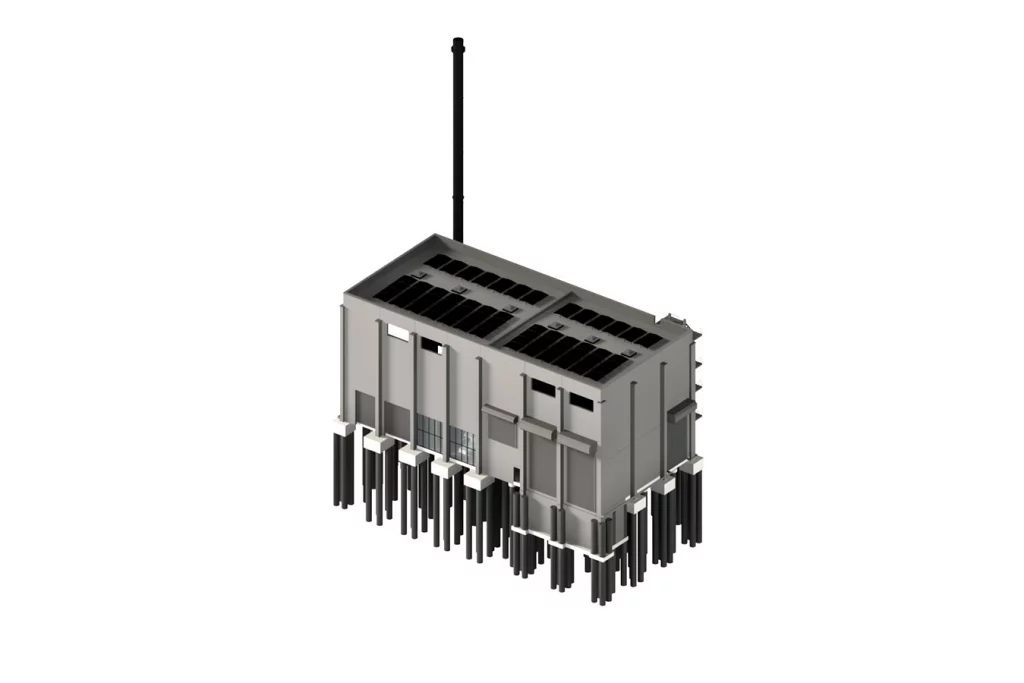 Visualisierung der Bohrpfähle bei Projekt Penzberg. Die Pfähle wurden im Tiefbau von der Schmidmeier NaturEnergie umgesetzt, um die Anlage auf einer Braunkohlelinse zu errichten.