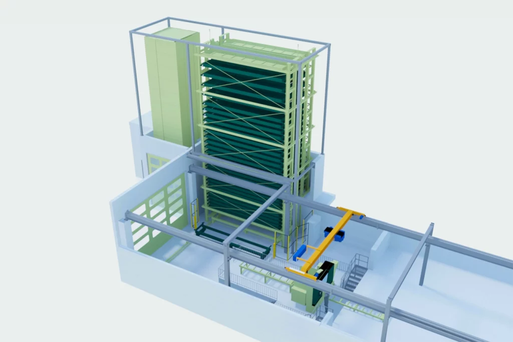 Gezeichneter Bauplan für den Lagerturm der Werkstatt