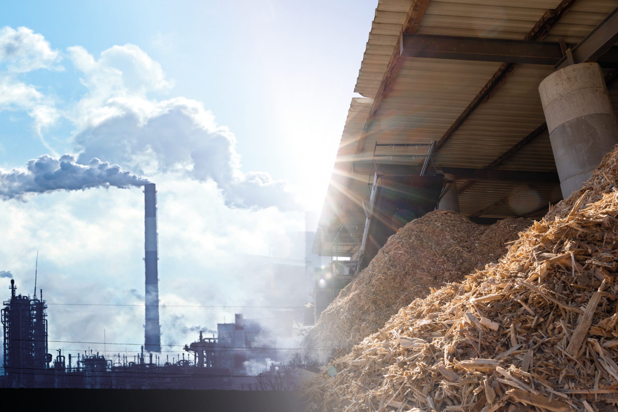 Symbolbild, links Schornsteine, rechts Holz in Brennstofflager