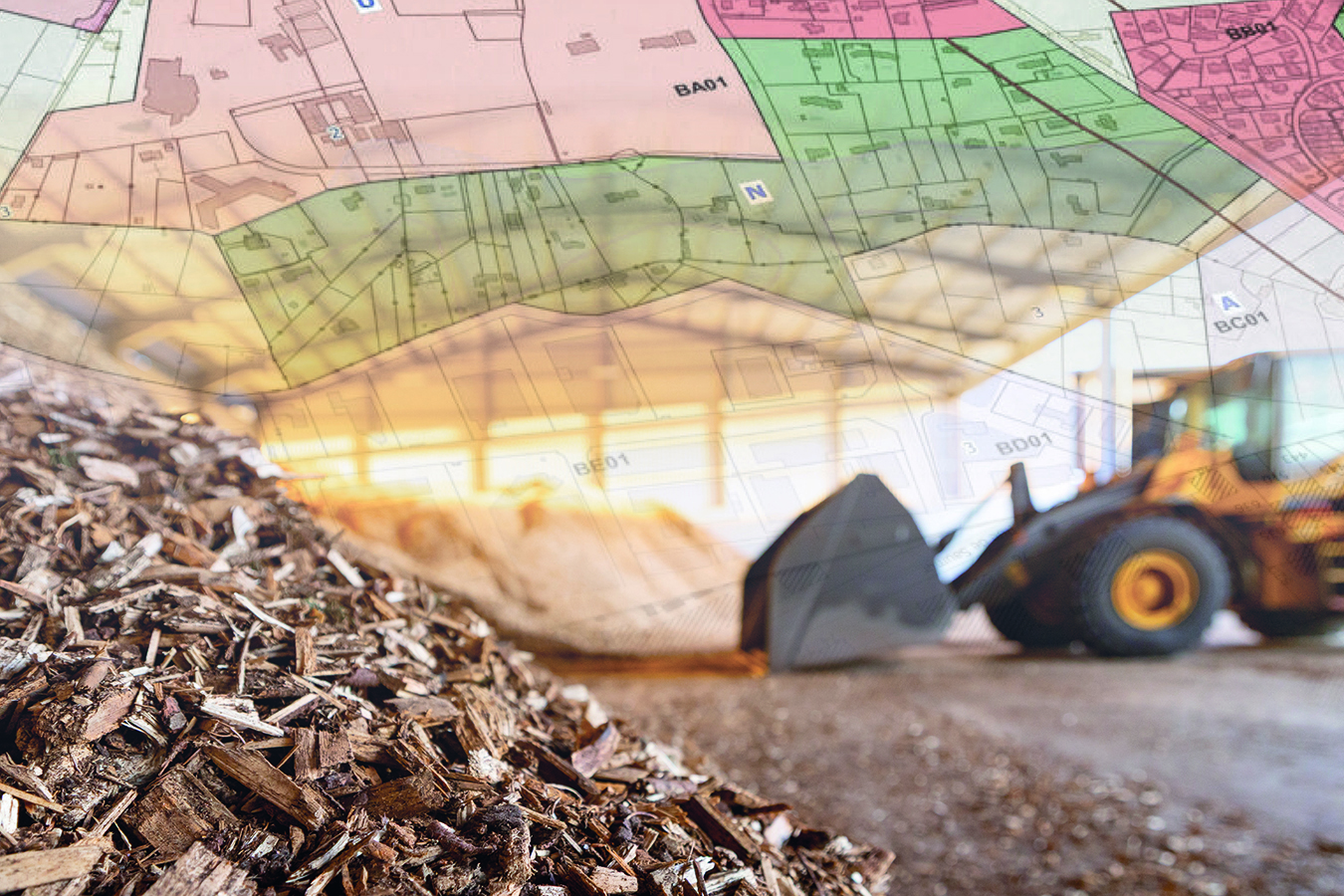 Selbsterstellte Grafik Holzschnitzel, Bagger und Kommunen-Karte