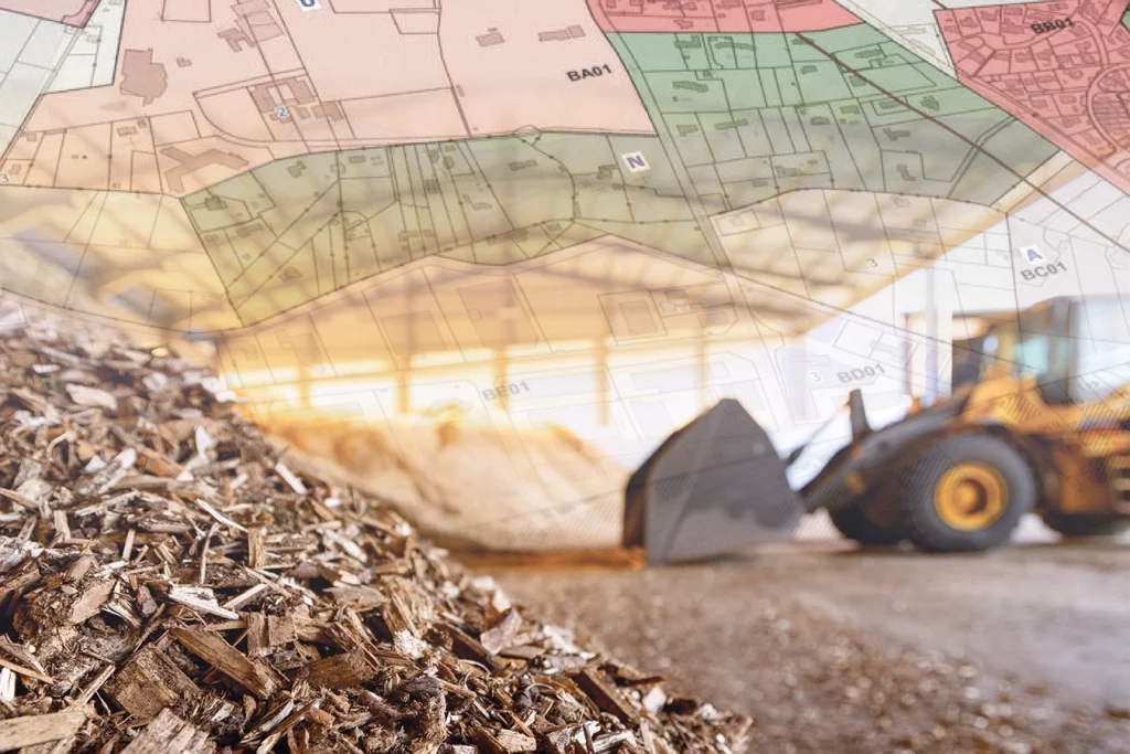 Zusammengestellte Grafik mit Holschnitzel, Bagger und Kommunenkarte