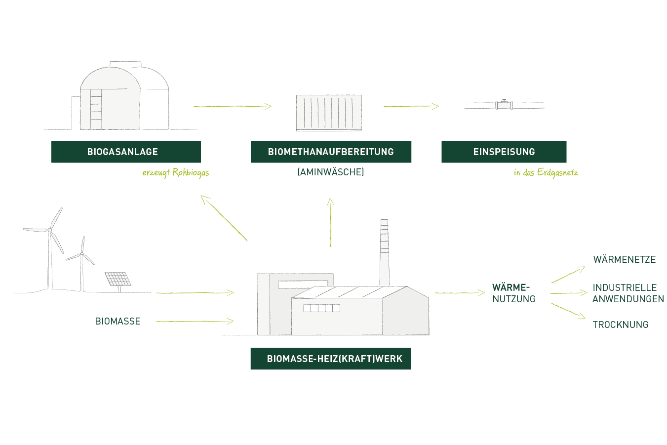 Schematische Darstellung einer Biomethanaufbereitung eines Biomasse-Heiz(kraft)werks.